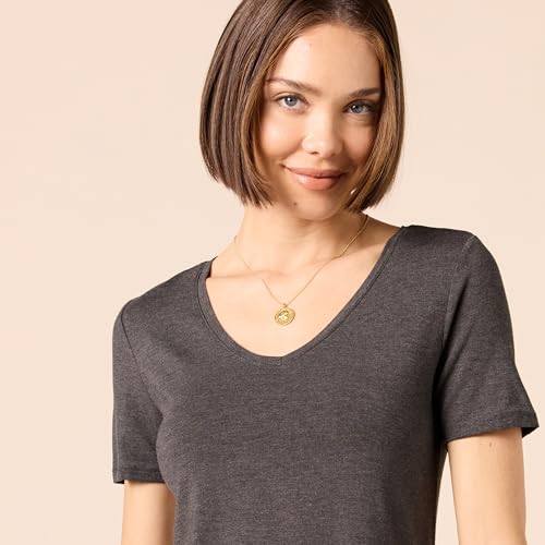 Image of Amazon Essentials Women's Regular Short-Sleeve V-Neck Mini A-line Swing T-shirt Dress, Charcoal Heather, Medium
