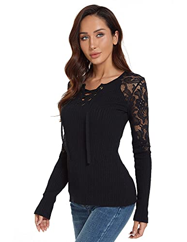 Image of AmelieBoutik Women Floral Lace Inset Lace Up Ribbed Long Sleeve Knit Top