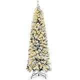 6.5ft Pre-lit Snow Flocked Pencil Christmas Tree Fir Hinged Slim Corner Xmas Tree Holiday Decoration with 250 Incandescent Warm White Lights & 586 Snow Branch Tips, White
