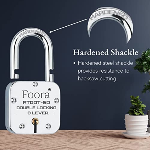 Image of Foora ATOOT-60 Double Locking Padlock, 8 Lever Security, Hardened Shackle, 60mm, 5 Keys, Silver