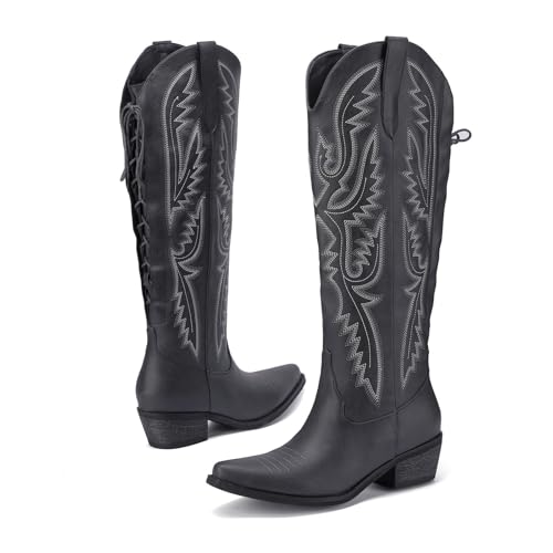 Image of Lace Up Cowboy Boots for Women Embroidered Wide Calf Cowgirl Boots Comfortable Chunky Heel Pointed Toe Trendy Western Shoes for Prom Music Festival