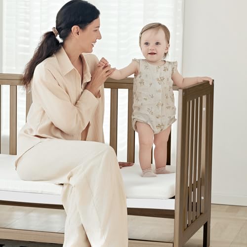Image of MAMAZING EvoNest Baby Crib, 11 in 1 Convertible Crib with Wheels, 100% New Zealand Wood Growing Bed, Full Size Crib for Baby, 4 Adjustable Mattress Height, Walnut Brown | long-term value