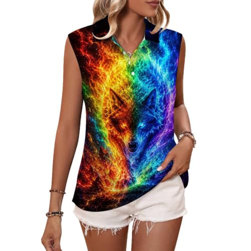 Golf Shirts for Women Collared Polo Tennis Tank Top Rainbow Flame Wolf