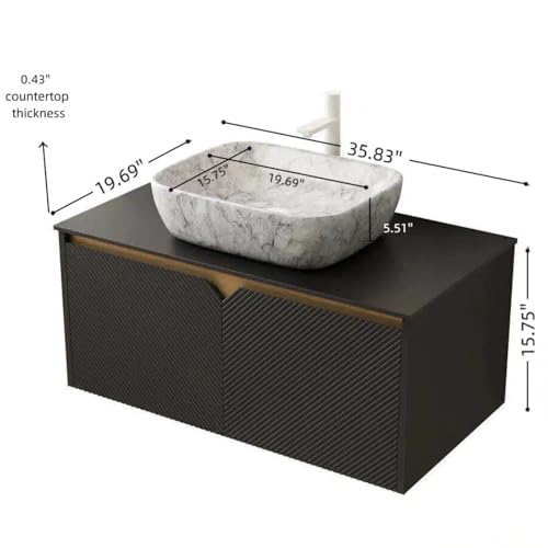 Image of Floating Bathroom Vanity with Sink, 36 inch Bathroom Storage Cabinet with Sintered Stone Countertop & Marble-Pattern Ceramic Basin, Wall-Mounted Vanity with 2 Twill Pattern Doors, Black