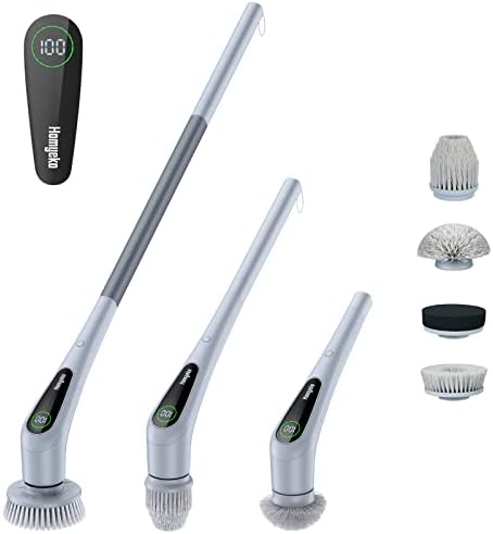 Electric Spin Scrubber, Homyeko Cleaning Brush with Long Handle 2 Speeds LED Display and 4 Replacable Brush Heads, Cordless Power Scrubber for Shower Bathroom Tile Grout Tub Floor Pool Car, Extendable