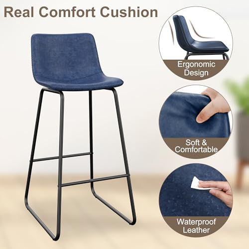 Image of REONEY Bar Stools Set of 3, 30 inch Urban Faux Leather Counter Stools, Navy