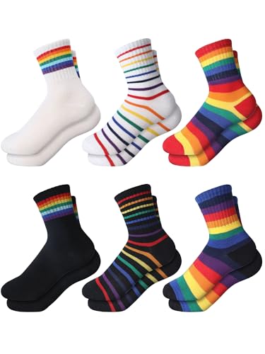 6 Pairs Kids Boys Crew Socks Kids Cotton Rainbow Stripe Calf Breathable Athletic Socks for Girls and Boys