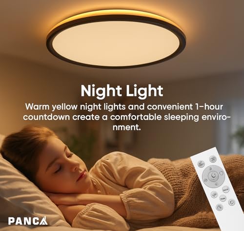 Image of PANCA 12-Inch LED Ceiling Light with Remote | 24W 3-Color Dimmable Smart Ceiling Light with Night Light Mode | Warm, Cool & Neutral Flush Mount Round Ceiling Lamp for Home (Black)