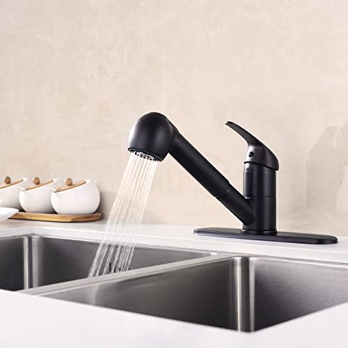 Bzoosiu Stainless Steel Pull Out Sprayer Kitchen Sink Faucet With Deck Plate, Single Lever Low Arch Rv Kitchen Faucet, 1-Hole Or 3-Holes Installation Bar Faucets, Matt Black #TOP2