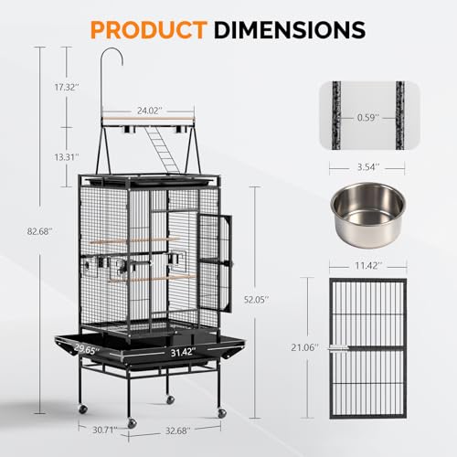 VINGLI 83 Inch Bird Cage with Play Top, Large Wrought Iron Bird Cage with Wheels, Rolling Parakeet Cage with Removable Tray for Cockatiels Lovebird Finches Canaries - Image 5