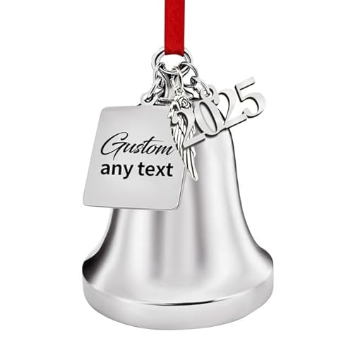 Grelot Noel 2025 Personnalisées avec Ailes d'ange - Objets de Décoration de Noël - Ornements Cloche Noel, Dorés/Argentés, Cadeau de Naissance & Anniversaire