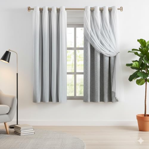 Image of Amzdecor Gray White Double Layer Full Blackout Window Curtains 63 Inch Long | Ombre Panels with Sheer Overlay MixMatch,Energy Efficient Grommet Window Treatment for LivingRoom Girls Bedroom,2 Panels,52 inchW