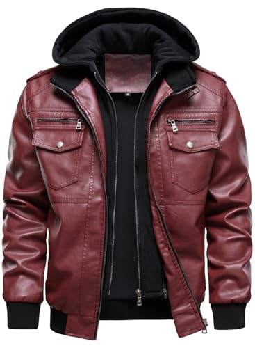 HOOD CREW Mens Faux Leather Hooded Jacket Motorcycle Jackets Water Repellent Windproof PU Moto Vintage Bomber Hoodie Coats Red S