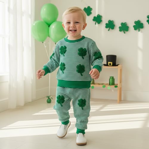 Image of Toddler Baby Boy St Patricks Day Outfit Infant Lucky Clover Sweatshirt Pants Set Little Kids Spring Warm Clothes