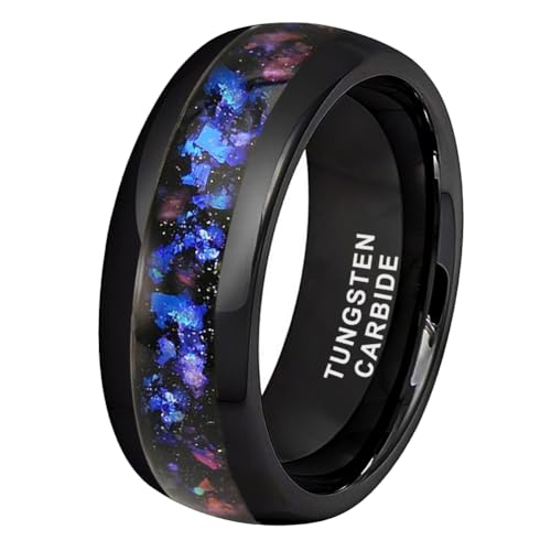 TUTISS 8mm Black Tungsten Rings for Men Women Orion Nebula Opal Galaxy Fragment Inlay Fashion Jewelry Engagement Wedding Promise Band Polished Shiny Comfort Fit Size 10.5