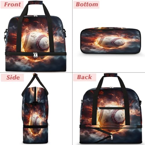 Travel Duffel Bags Flame Baseball Foldable Weekender Bags for Women with Shoes Compartment Waterproof & Tear Resistant Carry on Overnight Luggage Duffel Bag Shoulder Sports Tote Bag3