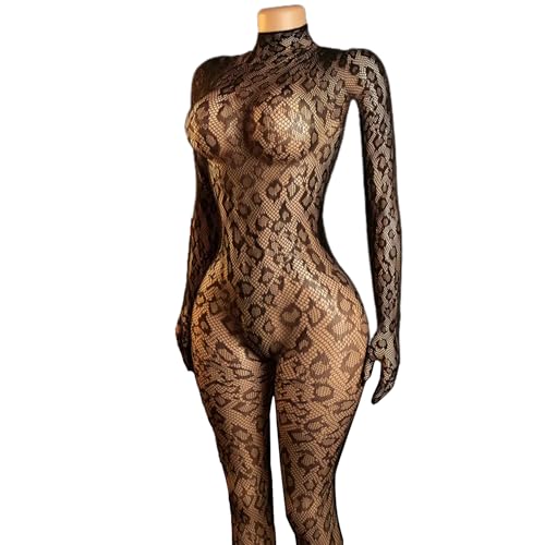 Bexbchh Womens Fishnet Bodystocking Mesh Bodysuit One Piece See-through Fishnet Jumpsuit Sheer Lingerie Dress Clubwear (YA85-Black)