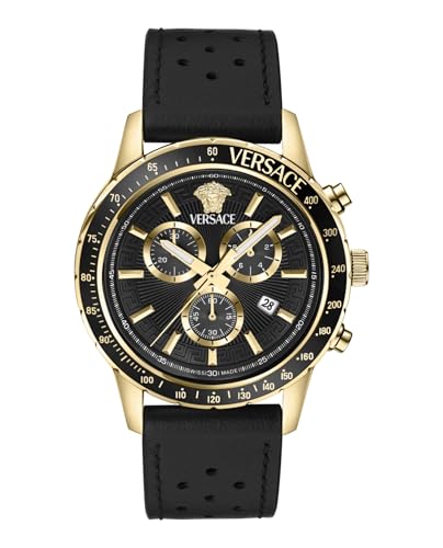 Versace Sport Chrono Collection Luxury Mens Watch Timepieces with a Black Strap and Dial Featuring a Gold Case