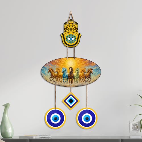 Image of Artvibes Premium Seven Running Horses Evil Eye Wall Decor for Home Entrance | Lucky Vastu Wall Hanging for Success Prosperity Wealth and Positive Energy | Living Room | Office | Gift Item (WH 85133N)