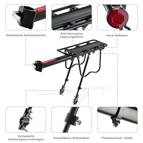 Mountainbike Gepäckträger Maximale Belastung 100kg mit Reflektor,Aluminiumlegierung,Vor und zurück einstellbar,Universal-Gepäckträger Schnelle Installation für 24-28 Zoll Fahrrad Rennrad E-Bike MTB
