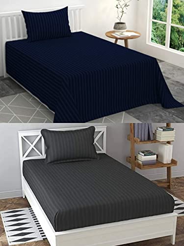 Image of Prime Collection 285 TC Combo Pack of 2 Single Sized (90x60) Satin Striped Bedsheet with 2 Pillow Cover Long Lasting Single Bedsheet for Hotel, Hospital and Home Use