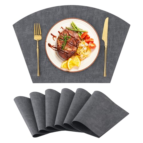 Homaxy Wedge Faux Leather Placemats for Round Table, Set of 6, Dark Grey
