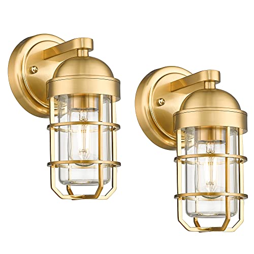 Emliviar 2 Pack Modern Industrial Vanity Wall Sconces, Brass Wall Lights For Bathroom Hallway Bedroom With Clear Tempered Glass, Gold Finish, Ge255B-2Pk Bg #TOP15
