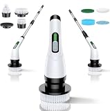 Electric Spin Scrubber for Bathroom: Shower Scrubber with Long Handle, Dual Speed Cordless Power Cleaning Scrub, 7 Brush Heads, IPX7 Waterproof Heavy Duty Cleaner Tools for Tub Tile Grout Wall(White)
