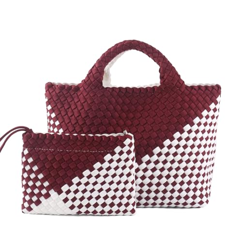 Image of Woven Bag for Women, Neoprene Tote Bag Summer Beach Handbag Purse Retro Handmade Travel Shoulder Bag Set