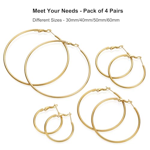 14K Gold Plated Stainless Steel Hoop Earrings - Hypoallergenic, Lightweight, 4 Pairs3