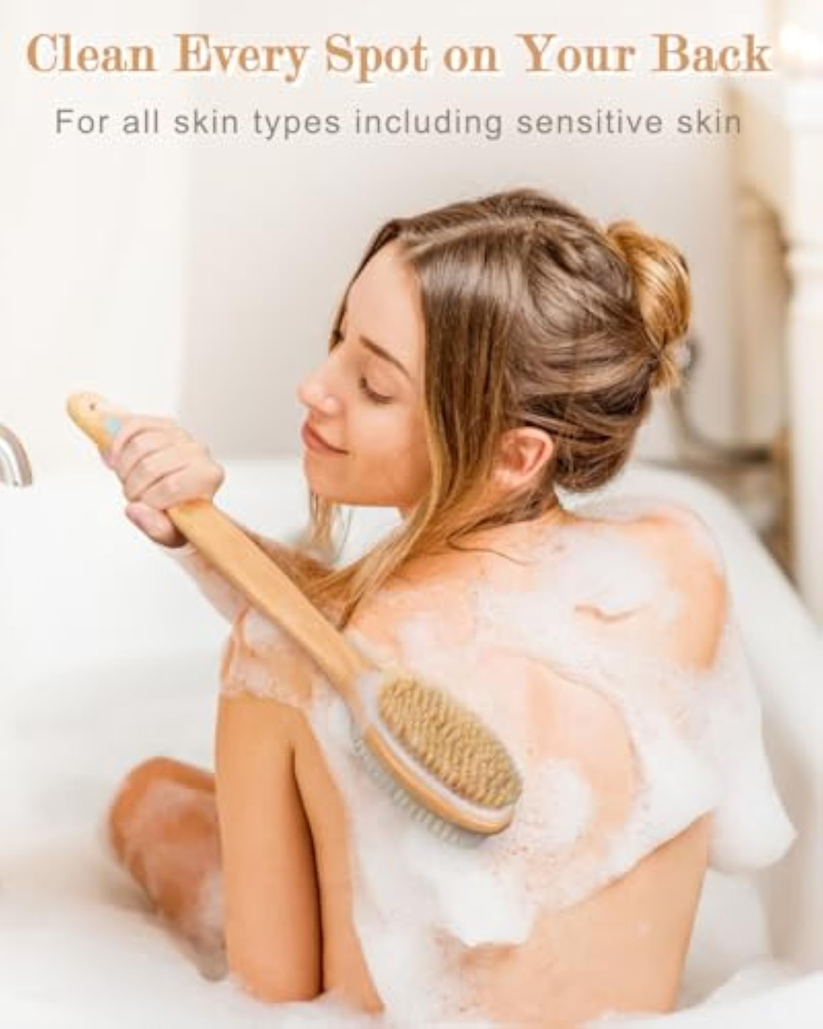 Long Wooden Handle Back Scrubber for Shower, Dual-Sided