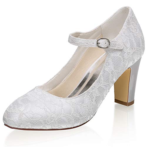 JIAJIA 342158 Women's Memory Foam Bridal Shoes Closed Toe 2.9'' Block Mid Heel Lace Satin Pumps Wedding Shoes