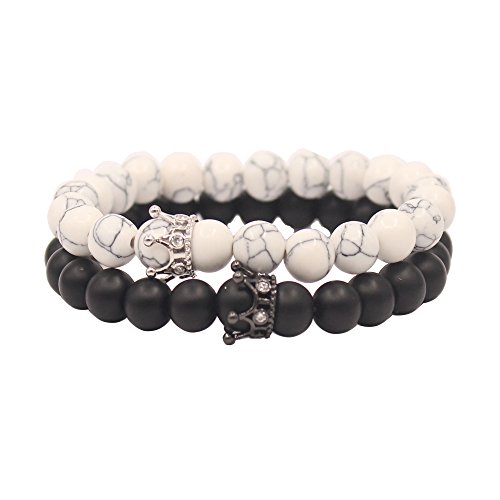 UEUC distance couple bracelet avec CZ Couronne King & Queen noir mat Agate et violet Agate 8 mm Bracelet Perles Cover