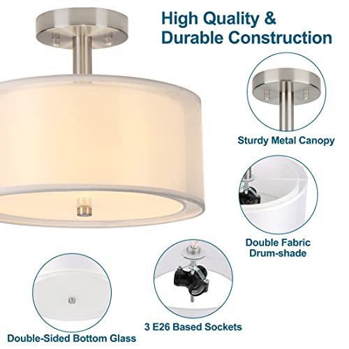 Xbuyee 3-Light Semi Flush Mount Ceiling Light Fixture, 12" Drum Light Fixture With Double Fabric Shade, Modern Close To Ceiling Lamps For Bedroom, Living Room, Dining Room, Kitchen, Hallway #TOP1