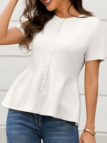 Image of Saodimallsu Womens Short Sleeve Cardigans Ruffle Button Down Crew Neck Peplum Babydoll Knit Sweater Tops