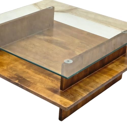 Image of Gharaana Bella Glass Top Solid Wood Center Table, Square, 102 x 102 x 38 cm, Natural Wood Finish