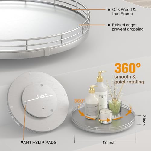 Image of 13 inch Silver Lazy Susan for Table Top, Oak Wood Lazy Susan Turntable Organizer for Dining Coffee Table Centerpiece Bar Decor Kitchen Countertop Bathroom Vanity Decorative Tray for Perfume Jewelry Round