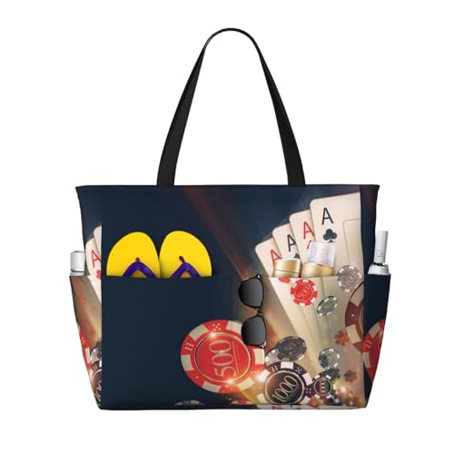 Casino Poker Chips Print Large Beach Tote Bag for Women Extra Large Capacity Sandproof Waterproof Pool Bag Suitable for Swimming Pool Gym Groceries Travel