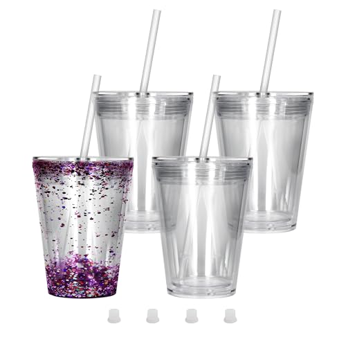 sweet grain Snow Globe Tumblers(4 Pack) - 12oz Double Wall Acrylic Tumblers for Snow Globe Cups with Pre Drilled Hole, Lids, Straws and Hole Stopper, Clear Snowglobe Tumbler