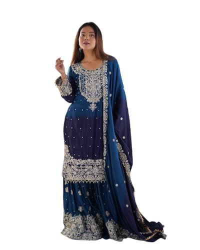 UNIQUE CRAFT MDWomen's Chinon Silk Sequence With Rivet Moti Work Straight Kurta With Sharara and Dupatta Set (Blue-L)