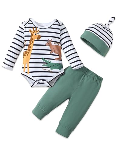 SUNNY PIGGY Baby Boy Clothes Newborn Infant Boys Outfits Romper Hat Pants 3PC Set 0-3 3-6 6-12 12-18 Month Clothing Gift