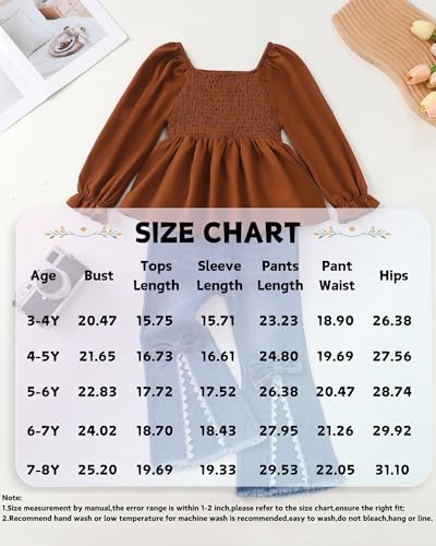 Image of XUANHAO Toddler Girls Clothes Puff Sleeve Smocked Shirt Flare Jeans Pant Outfits for Girl Bell Bottom Kids Girls Clothing Set
