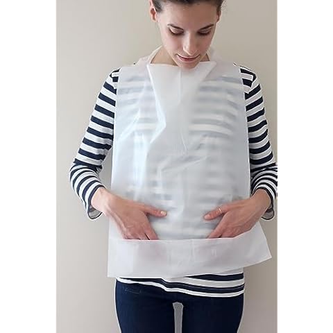 Sandhill Tools 100 Pack Disposable Adult Bibs with Pocket for Catching Mess, Lightweight Bib for Easy Cleanup, Plastic Clothing Protector for Cooking, White, 24" x 16" with 4" Crum Catcher Pocket Cover