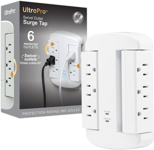 Image of GE 6-Outlet Extender, Surge Protector, Swivel Side Access, Wall Tap Adapter, 3-Prong, 980 Joules, ETL Listed, White, 81781 (Pack of 12)