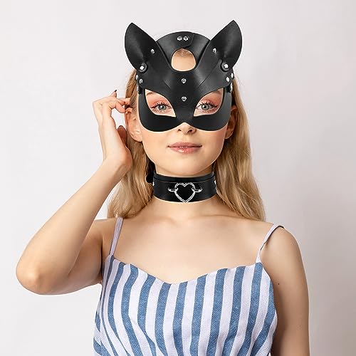 OIDEA Leather Mask Set: Black Choker Mask Set for Women Half Face Masks Adults Cosplay Costume Party Props Accessory2