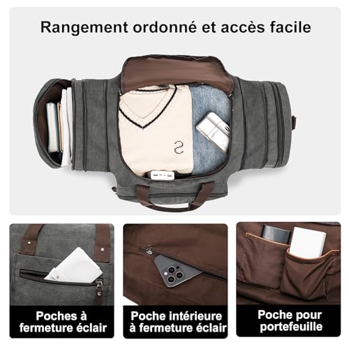 EKOROMIER Grand Sac de Voyage en Toile 70L pour Homme – Sac Weekend Extensible – Bagage Grande Capacité pour Vacances, Sport et Longs Séjours – vue 6