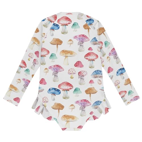 CaTaKu Girls One Piece Swimsuit Colorful Mushrooms Toddler Bathing Suit Long Sleeve UPF 50+ Rash Guard Swimwear 3-12Y2