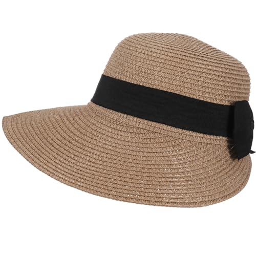 Zuimei Summer Beach Hats for Women Foldable Straw Sun Hats UV Protection Wide Brim Beach Cap Adjustable Straw Hat for Outdoor Travel Holiday (Khaki)