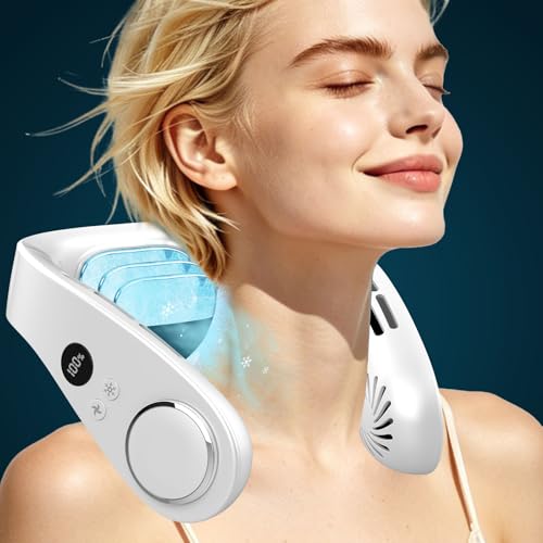 Image of FWV Neck Fan with Cooling Plate, 5500mAh 3-24Hrs Battery, Ultra Quiet 5-Speed USB-C Necklace Cooler, LED Display for Battery&Speed,Hands-Free Bladless Mini Fans for Travel Office Indoor Outdoor White
