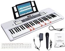♫【61 Key Electric Piano Keyboard】Includes a keyboard (size: 31.7in * 9.7in * 8.2in), a Sheet Music Stand, a microphone, a Key Sticker, an USB charging cable, an audio-in cable and a Product Manual. White key size: 0.74 in, black key size: 0.4 in. The...